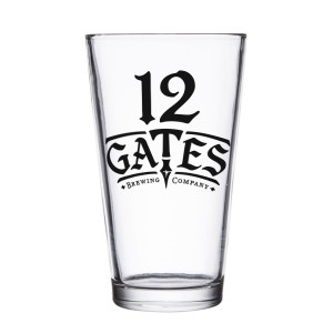 12 Gates Brewing Company clear 16 oz pint glass. Clear with with a black logo centered on one side
