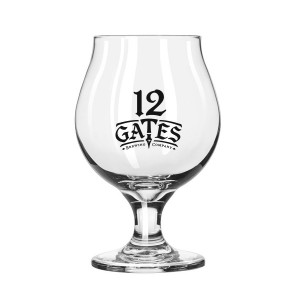 12 Gates Brewing Company clear 16 oz tulip glass. Clear with with a black logo centered on one side