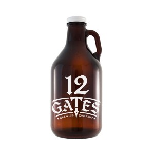 12 Gates Brewing Company Amber 32 oz growler. Amber with with a white logo centered on one side