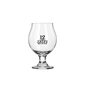 12 Gates Brewing Company clear 5 oz belgian taster glass. Clear with with a black logo centered on one side