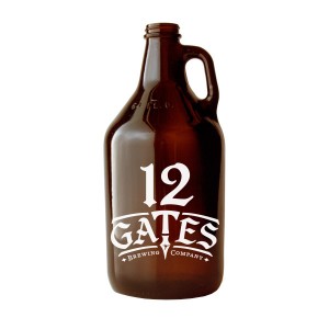 12 Gates Brewing Company Amber 64 oz growler. Amber with with a white logo centered on one side
