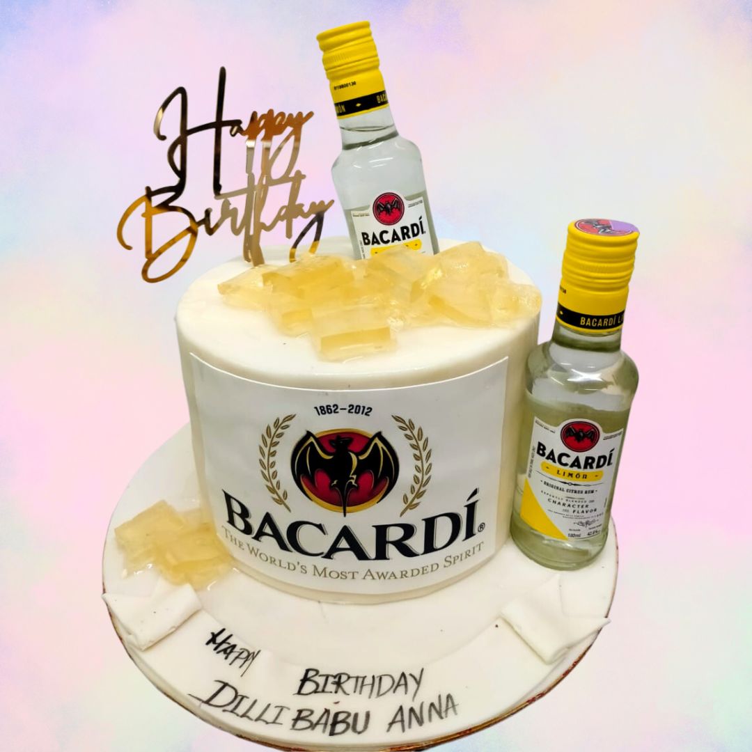 An Adult Liquor Bottle Cake shaped and decorated to resemble a realistic bottle of spirits, displayed on a festive table ready for an adult celebration.