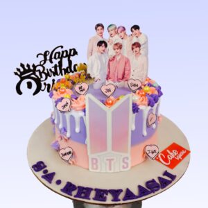 A Amazing BTS Boys Theme Birthday Cake 1 kg, Featuring BTS-themed designs and colors, perfect for a fan’s birthday celebration.