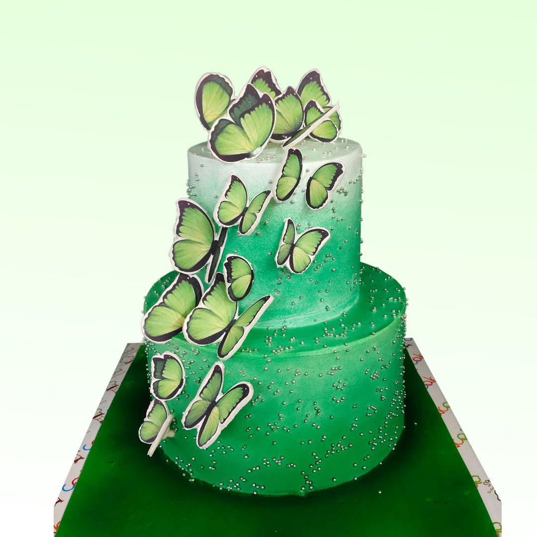 Amazing Green Butterfly Cream Birthday Cake 3 Kg. Fresh 3 Kg green birthday cake with cream frosting and nature-inspired butterfly decorations.