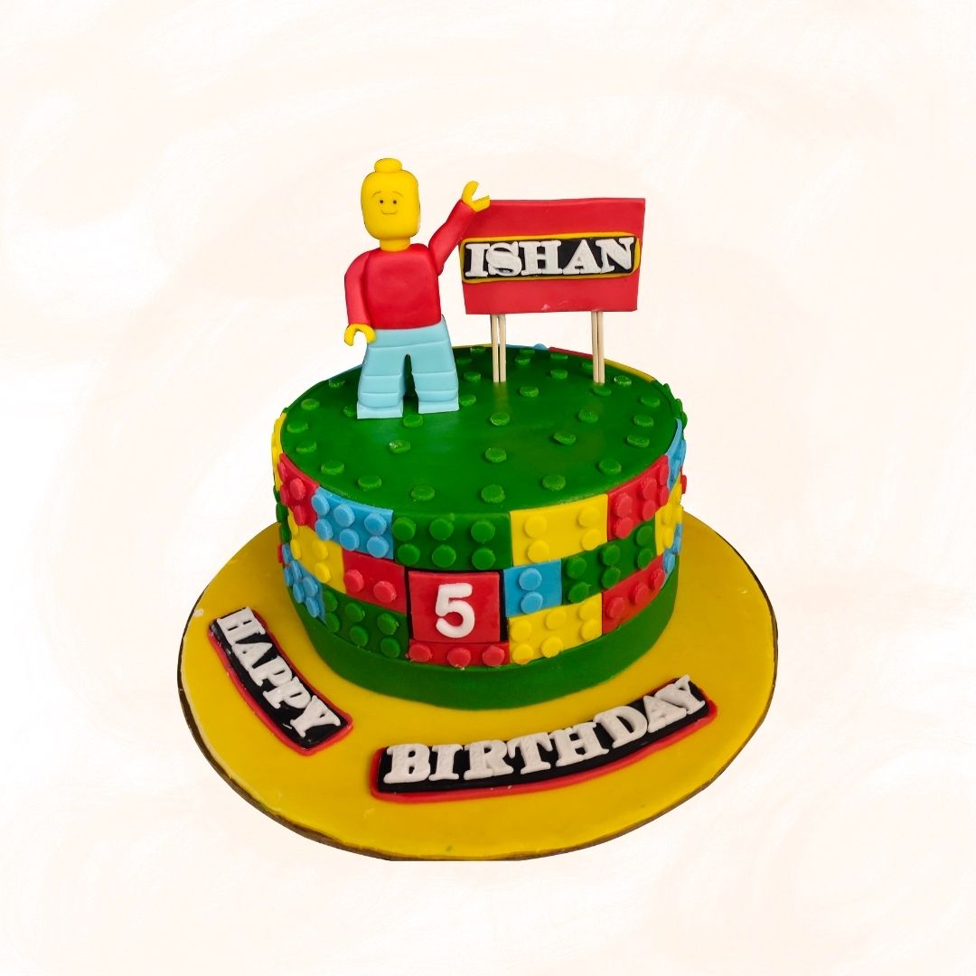 A fun Amazing Lego Theme Birthday Cake 1kg, featuring colorful Lego blocks and mini-figures, perfect for creative builders and young Lego enthusiasts.