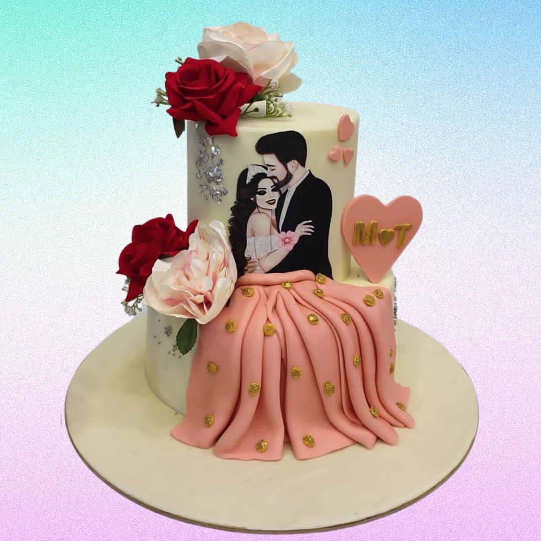 Amazing Lovely Couple Engagement Cake 4 Kg featuring a romantic couple topper, pastel colors, and intricate floral designs.