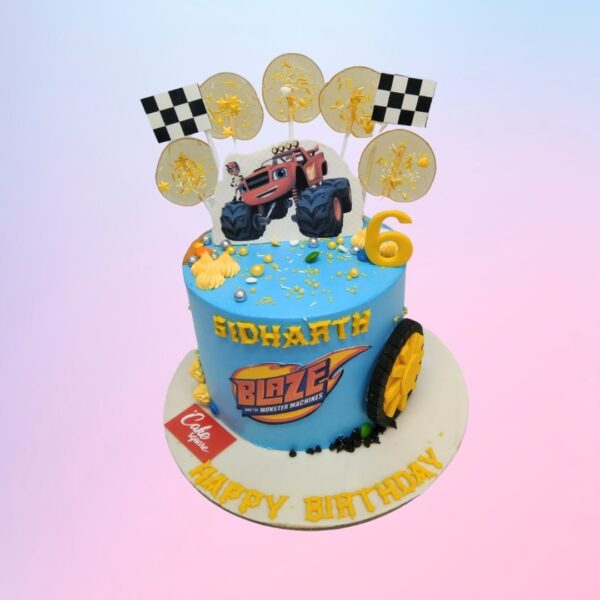 Exciting Amazing Monster Trucks Birthday Cake for Boys 1 Kg featuring monster trucks on a rugged terrain design