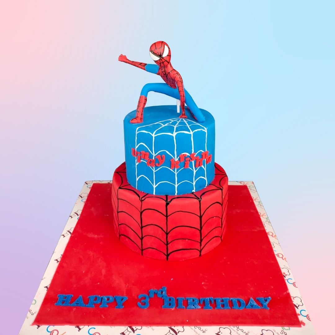 A custom Amazing Spiderman Theme Customised Cakes 3 kg, Featuring a detailed Spider-Man figure and web designs, ideal for a large superhero-themed birthday celebration.