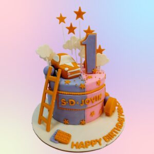 Amazing Toddler Turning One Birthday Cake 1 Kg Single-tier pastel-colored cake with number "1", baby items, and animal decorations