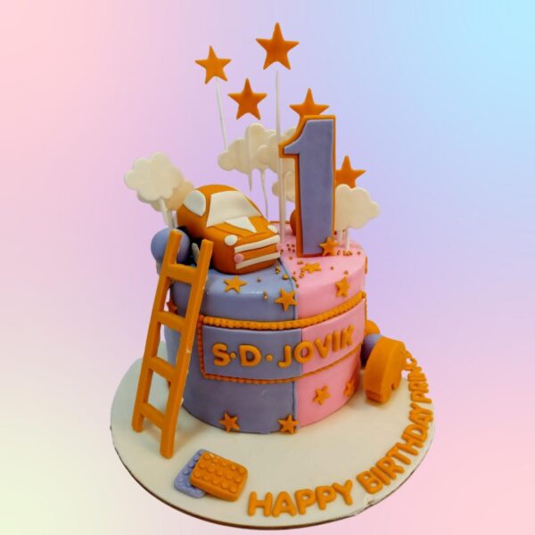 Amazing Toddler Turning One Birthday Cake 1 Kg Single-tier pastel-colored cake with number "1", baby items, and animal decorations