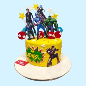 A Avengers Boys Birthday Cakes 1kg, Featuring iconic Avengers characters and vibrant designs, perfect for a superhero-themed celebration.