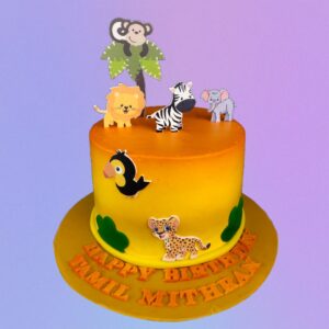 Awesome Animals Creamy Birthday Cake 2 Kg. Delightful 2 Kg birthday cake with creamy frosting and charming fondant animal decorations.