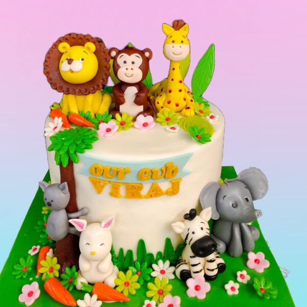 Awesome Animals Kids Birthday Cake 2 Kg. Colorful animal-themed birthday cake with fondant decorations, perfect for kids' parties.