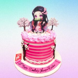 Awesome Demon Slayer Girls Birthday Cake 1 Kg featuring colorful anime characters atop a round, white-frosted cake with pink accents and "Happy Birthday" written in elegant script