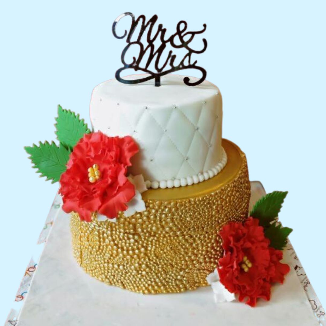 Awesome Engagement Cake 4 Kg. Elegant four-tier white engagement cake with gold accents, floral decorations, and a "Just Engaged" topper, perfect for celebrating love.