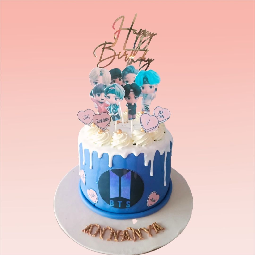 Vibrant BTS K Pop Girls Birthday Cake 2 Kg featuring BTS members and iconic symbols