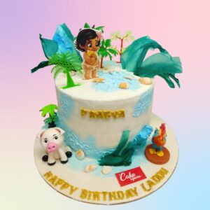 Baby Moana Customised Birthday Cake 1 Kg - round cake with tropical theme featuring Baby Moana character and ocean motifs