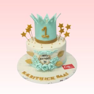 Elegant two-tier kids birthday cake with smooth fondant covering, decorated with delicate flowers, gold accents, and a "Happy Birthday" topper. Ideal for a sophisticated child's celebration.