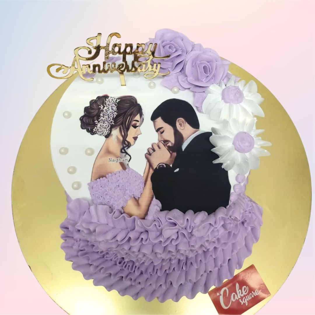 A white base cake with purple flowers and a couple holding hands and her dress is also made with cream a perfect Best Anniversary Cake 1 Kg made by cake square team.