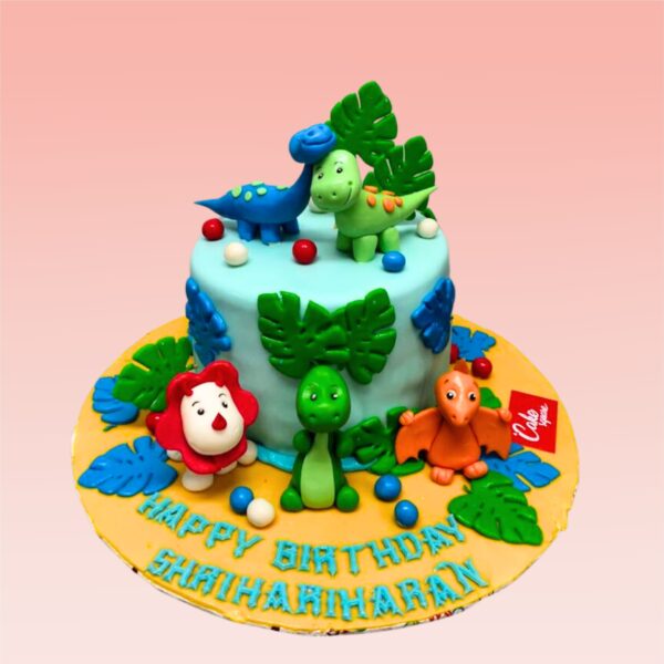 A Best Dinosaur Theme Kids Birthday Cake 1 kg, Featuring adorable dinosaur designs and vibrant colors, perfect for a playful and exciting birthday party.