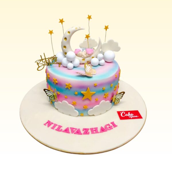 Best Fantastic Baby Birthday Cake 1 Kg. Colorful round baby birthday cake with whipped cream frosting, decorated with cartoon animal figures, rainbow sprinkles, and "Happy Birthday" text. Perfect for a 1st birthday celebration.