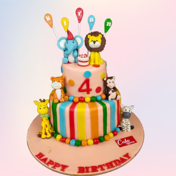 Best Friendly Animals 4th Birthday Cake. Charming birthday cake for a 4-year-old featuring adorable fondant animals and colorful decorations.