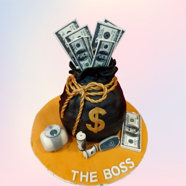 Realistic Best Money Bag Cakes for Husbands 2 Kg covered in edible gold leaf, overflowing with fondant cash and coins, perfect for finance-savvy husbands' birthdays.