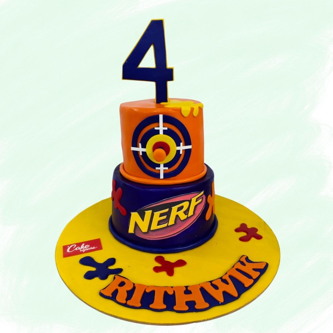 A dynamic Best Nerf Theme Kids Birthday Cakes For Kids 3 kg, featuring vibrant colors and Nerf blaster decorations, perfect for young fans of action and adventure.