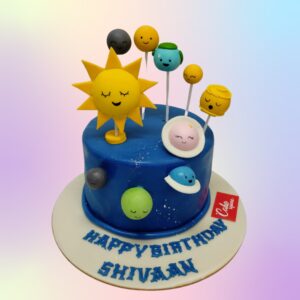 A Best Planets Theme Kids Birthday Cake 1kg, Featuring colorful planet designs and space-themed decorations, perfect for a cosmic birthday celebration.