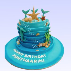 Best Swanky Sea Customised Birthday Cake 2 Kg Two-tier blue ombre cake with fondant sea creatures, coral, and personalized name topper