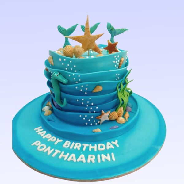 Best Swanky Sea Customised Birthday Cake 2 Kg Two-tier blue ombre cake with fondant sea creatures, coral, and personalized name topper