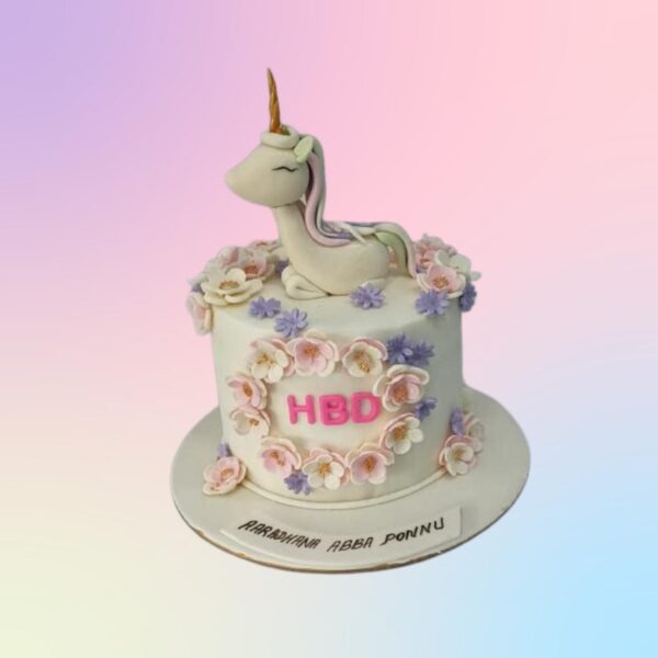 Best Unicorn Girls Birthday Cake 1 Kg Single-tier pastel rainbow cake with unicorn topper, gold horn, and colorful mane