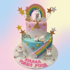 Best Unicorn Theme Fourth Birthday Cake For Girls 5 kg Four-tier pastel cake with unicorn figurine, '4' topper, rainbow swirls, and gold stars