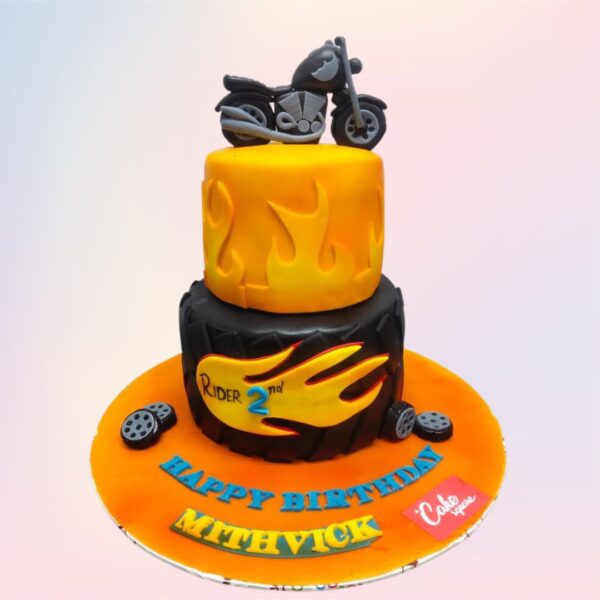 A Bike Theme Boys Birthday Cakes 3 kg, Featuring a detailed bike design and vibrant colors, ideal for young bike enthusiasts.