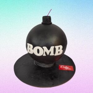 A black bomb shape pinata made with thick chocolate and filled with your favourite birthday cake flavour. Has words writted on its surface as BOMB. Bomb Pinata 1 Kg Birthday Cakes are made by Cake Square Team
