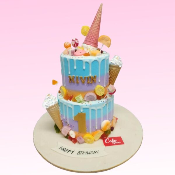 Delightful Chilly Icecream Candy 4 Kg first Birthday Cake with colorful candy decorations and ice cream motifs