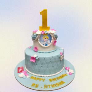 Cinderlla Princess Girls First Birthday Cake 4 Kg Four-tier blue and white cake with castle, pumpkin carriage, and glass slipper decorations