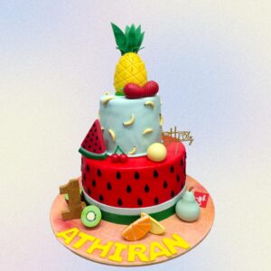 Colourful Fruits First Birthday Cake 5 Kg - large round cake decorated with assorted fresh fruit toppings