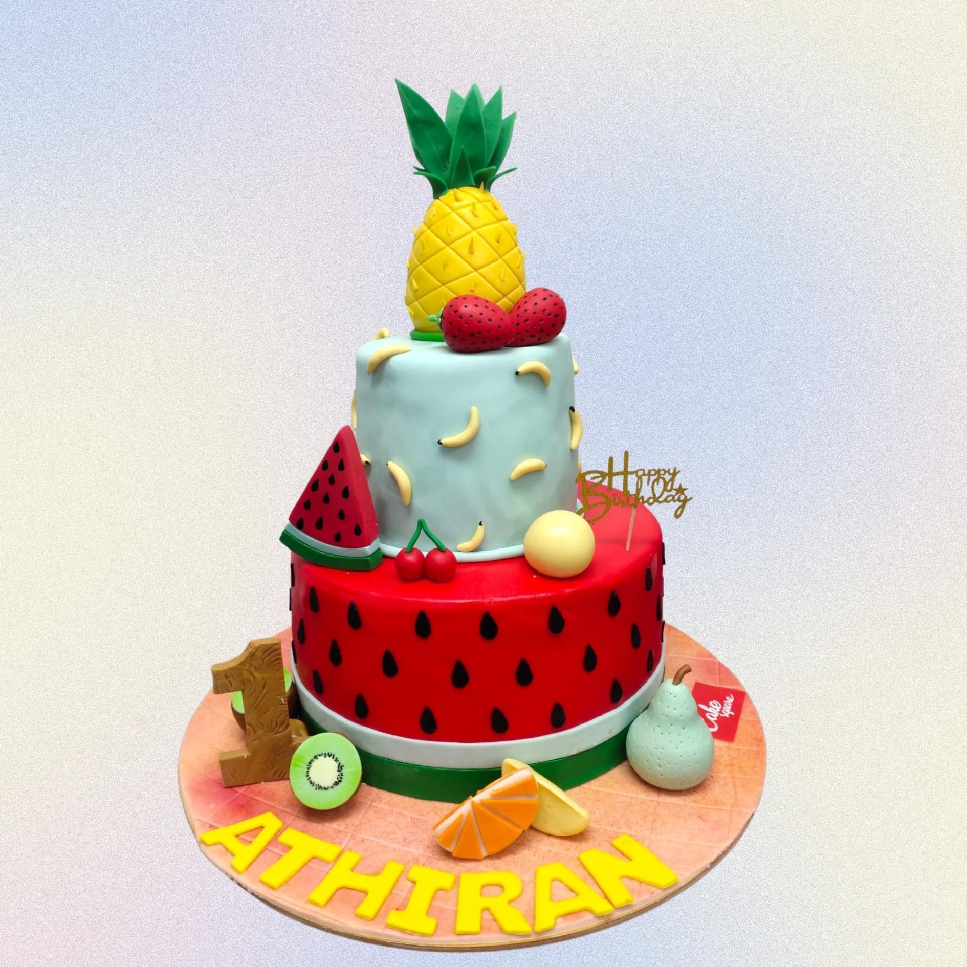 Colourful Fruits First Birthday Cake 5 Kg - large round cake decorated with assorted fresh fruit toppings