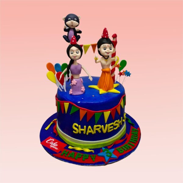 Cool Chotta Bheem Kids Birthday Cake 2 Kg featuring a 3D fondant figure of Chotta Bheem. The cake is decorated with scenes from Dholakpur, laddoos, and "Happy Birthday" written in colorful Hindi-inspired font.