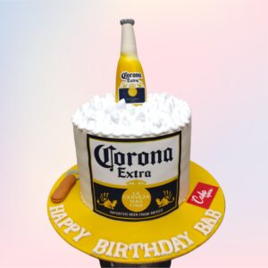 A creatively designed Corona Beer Bottle Liquor Cake featuring realistic bottle details and vibrant decorations, perfect for celebrating special events.