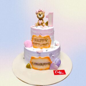 Cute Creamy Teddy No Fondant First Birthday Cake 5 Kg Four-tier cream-colored cake with piped teddy bear, balloons, and "1" decoration