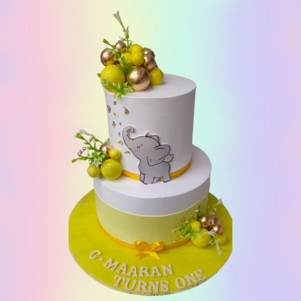 A Cute Elephant Kids First Birthday Cake 3 kg, Featuring an adorable elephant design and playful colors, perfect for celebrating a baby's first milestone.