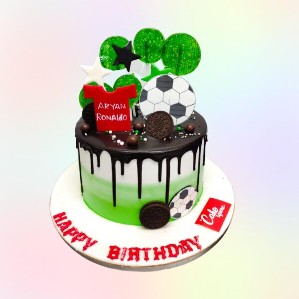 Delicious Chocolate Football Birthday Cake 1 Kg - round chocolate cake with football design and green frosting