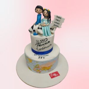 A fancy couple going on a plane for various destination is shown in this two tier white and blue cake with clouds on the sides. This Fancy couple bride to be wedding cakes 4 Kgs is made by Cake Square Team.