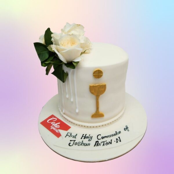 First Holy Communion Theme Cake 2 Kg Vanilla Flavour with themed decorations including a fondant chalice accented with edible sugar flowers.