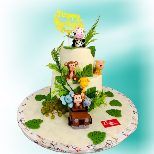 Friendly Animals First Birthday Cake 4 Kg. Charming 4 Kg first birthday cake with adorable fondant animal friends and colorful decorations.