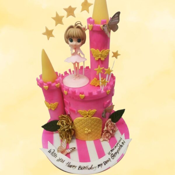 Best Gracious Pink Castle Birthday Cake 2 Kg Two-tier pink cake with castle turrets, windows, and glittery accents