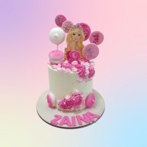 Latest Barbie Birthday Cake 1 Kg Single-tier pink cake with Barbie doll insert, glitter, and flower decorations