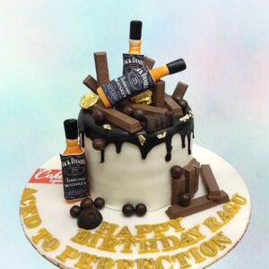 A Liquor Bottle Kitkat Theme Cake, showcasing a creative design resembling a liquor bottle and decorated with KitKat bars, elegantly displayed on a festive table, ready to add fun and excitement to the celebration.